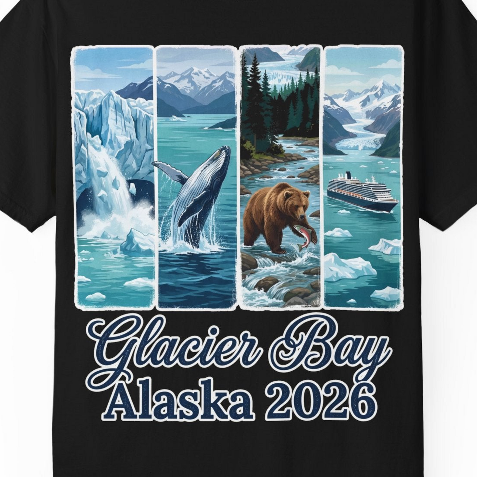 Glacier Bay Alaska 2026 Cruise Nature Wildlife Adventure Shirt — Comfort Comfort Colors T-Shirt – Black – Alaska Cruise Shirts Close Up