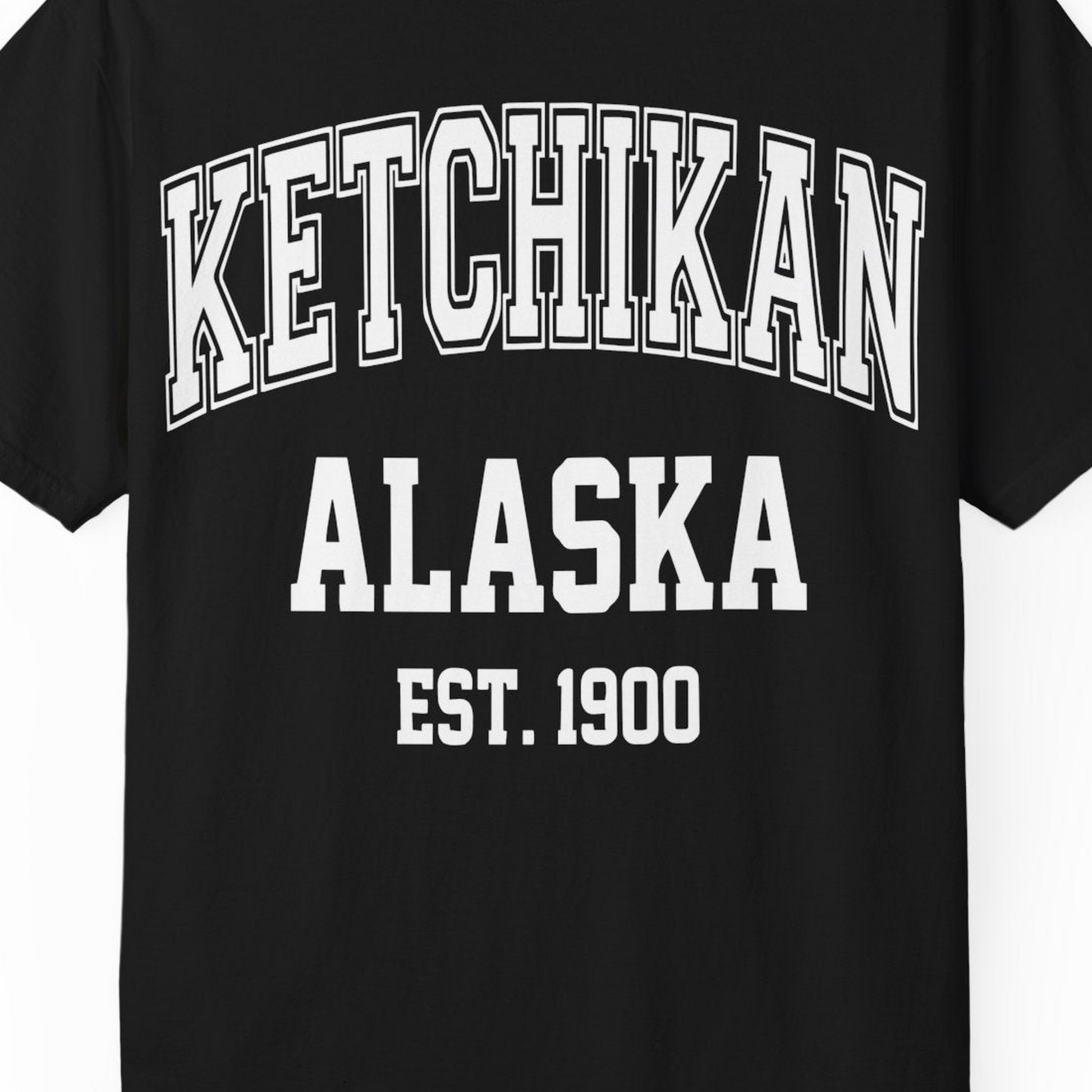 Ketchikan Alaska Collegiate Style Est 1900 Vintage Tee Shirt — Comfort Comfort Colors T-Shirt – Black – Alaska Cruise Shirts Close Up