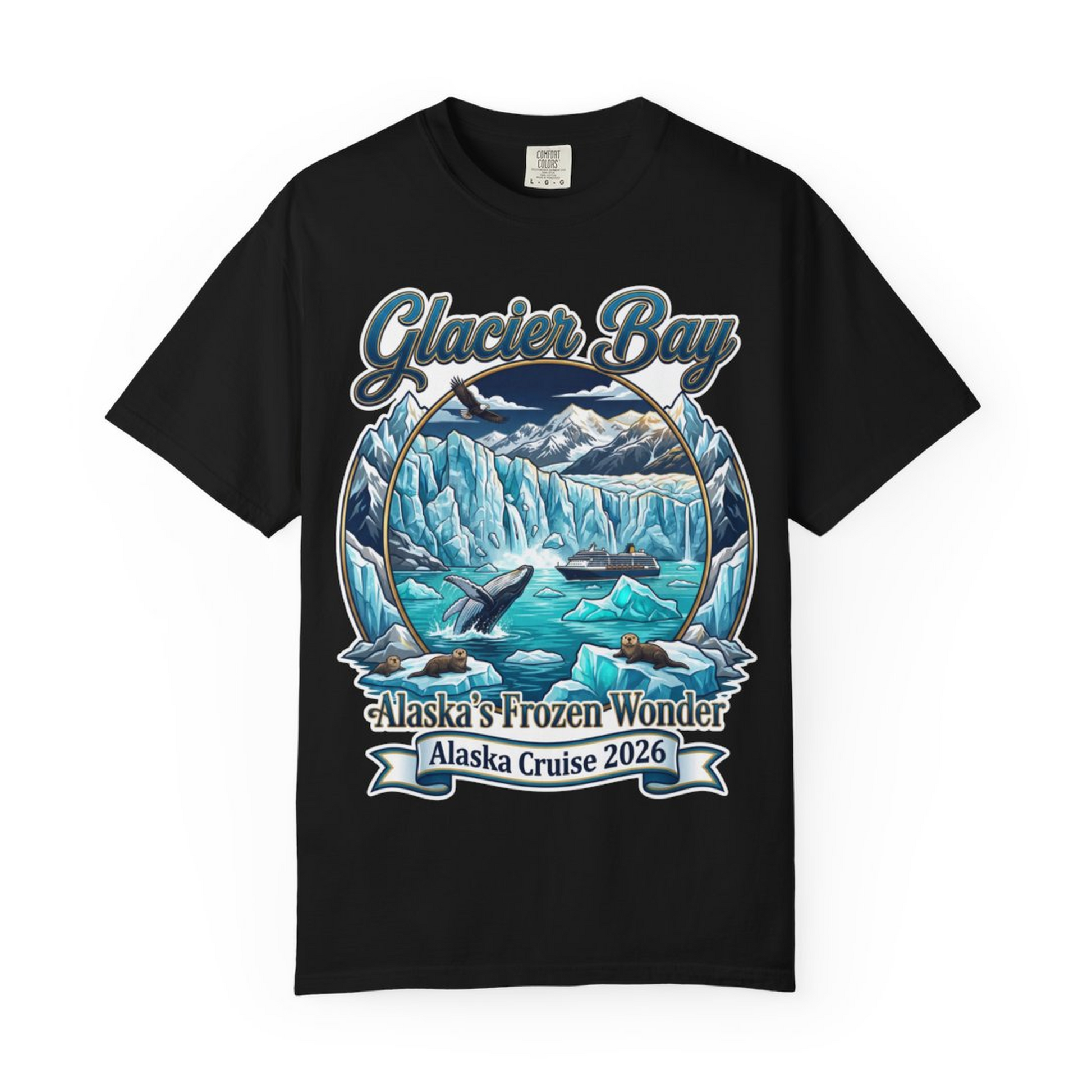 Glacier Bay Alaska Cruise 2026 Wildlife Adventure Souvenir Shirt — Comfort Comfort Colors T-Shirt – Black – Alaska Cruise Shirts Close Up