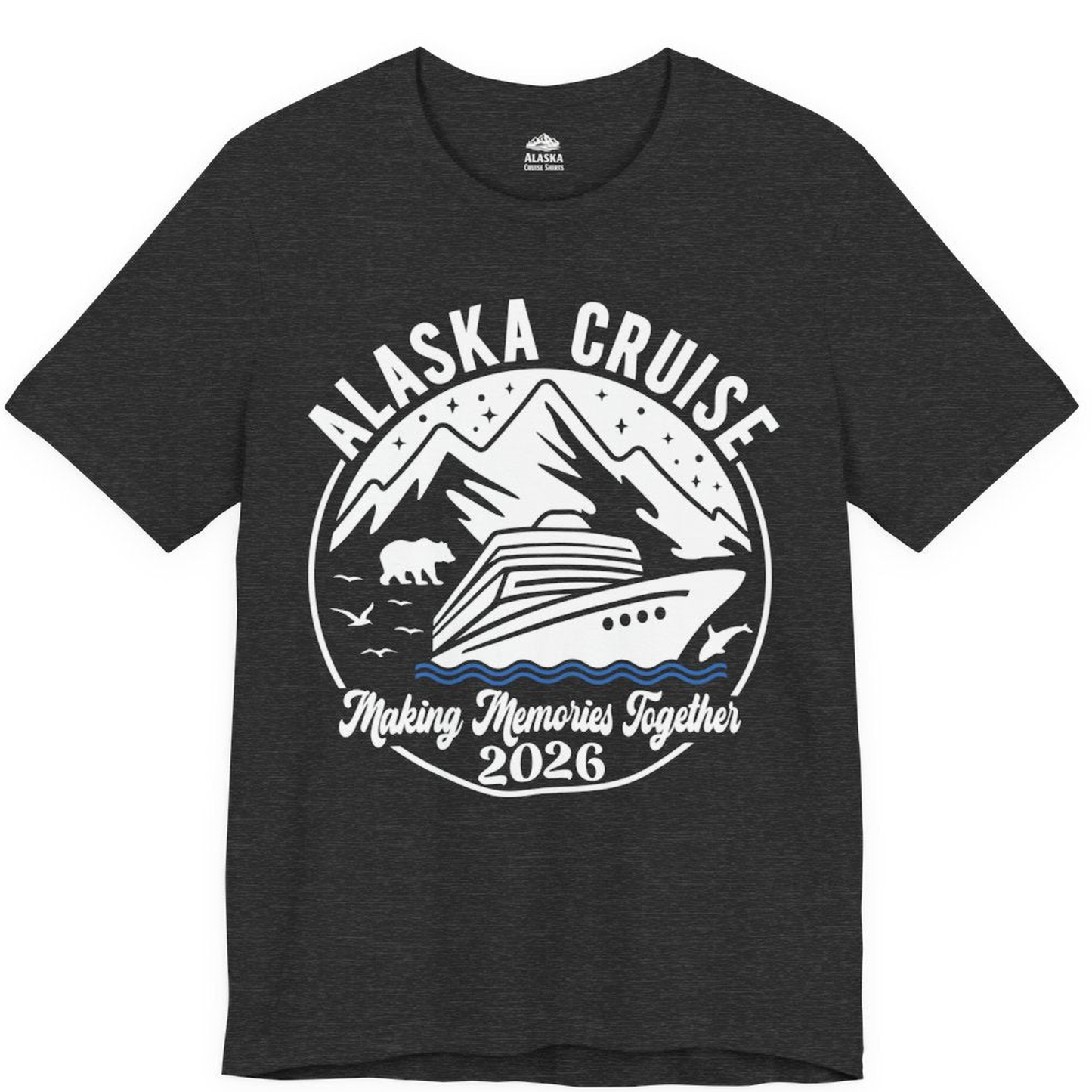Alaska Cruise Adventure 2026 Shirt - Mountains Wildlife and Ship Retro – Dark Grey Heather – Alaska Cruise Shirts