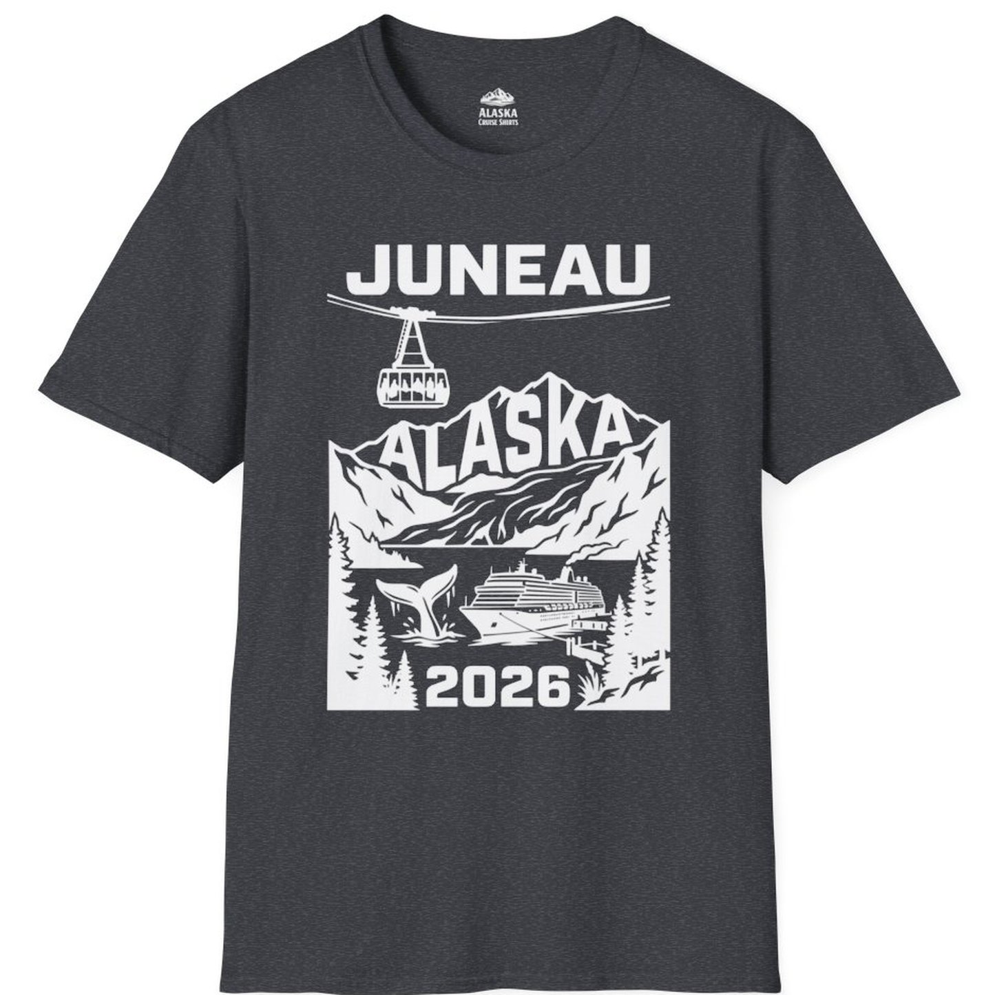 Juneau Alaska Cruise 2026 Scenic Whale and Cable Car Shirt – Dark Heather Grey – Alaska Cruise Shirts
