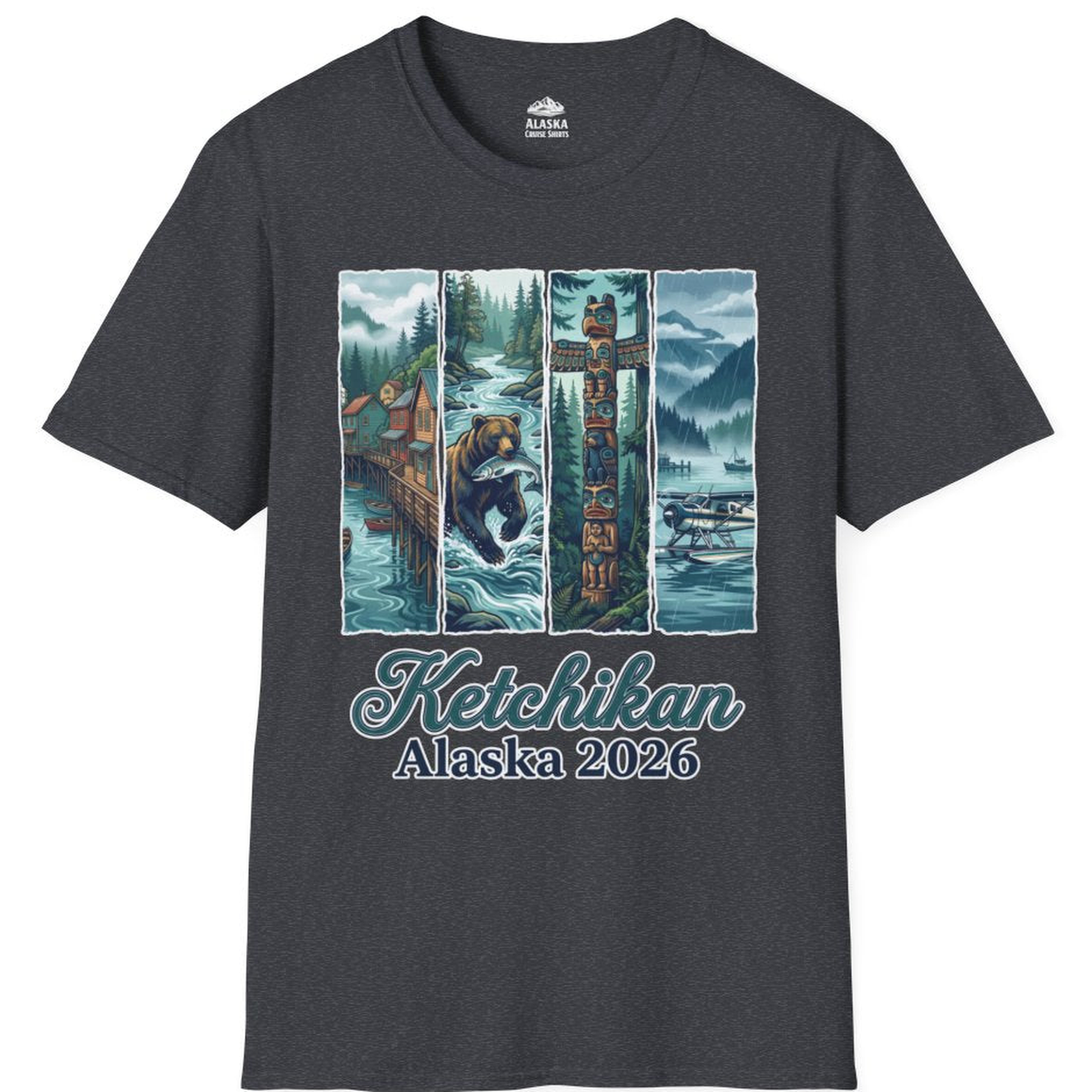Ketchikan Alaska 2026 Scenic Nature and Totem Pole Art T-Shirt – Dark Heather Grey – Alaska Cruise Shirts