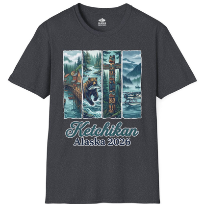 Ketchikan Alaska 2026 Scenic Nature and Totem Pole Art T-Shirt – Dark Heather Grey – Alaska Cruise Shirts