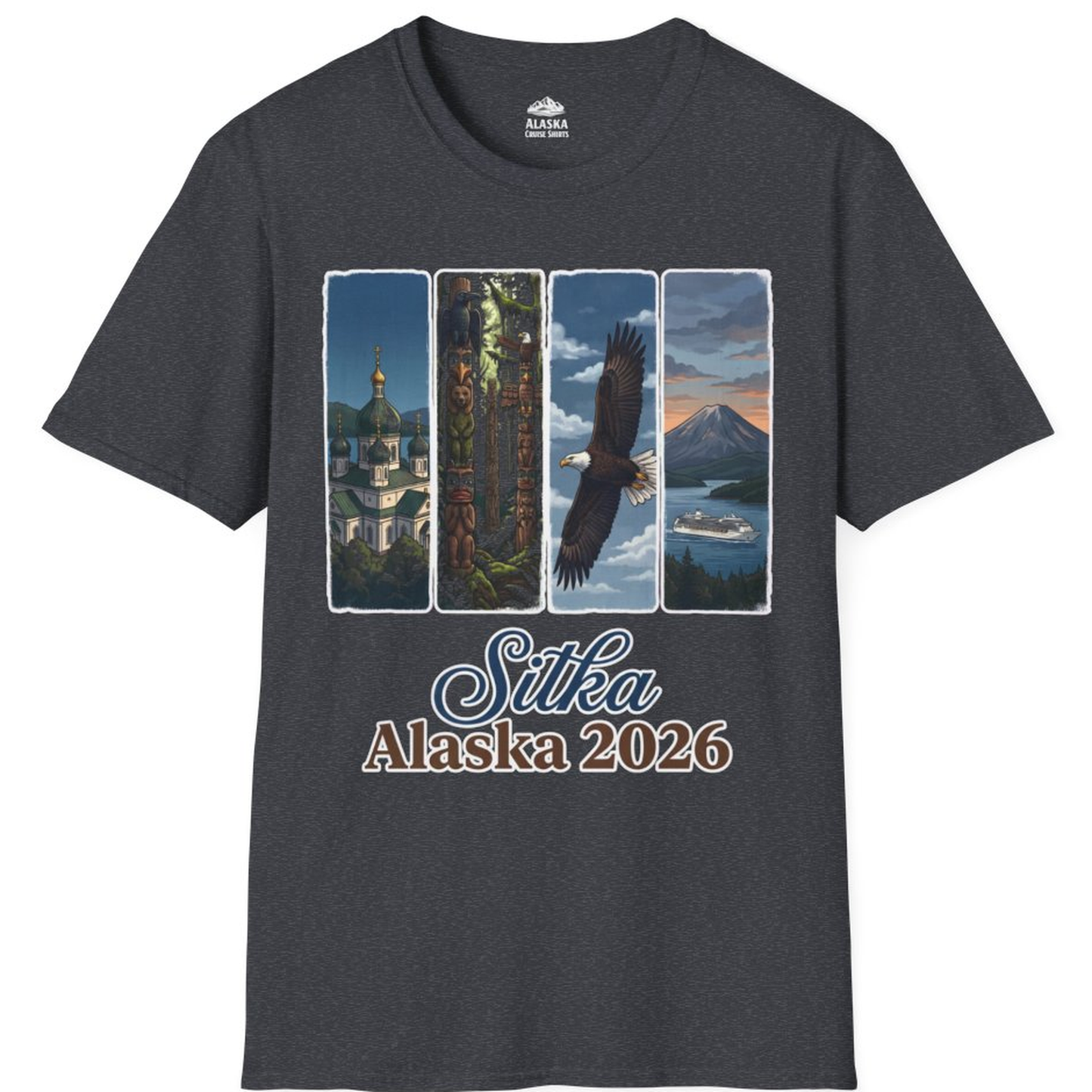 Sitka Alaska 2026 Cruise and Wildlife Souvenir Graphic Shirt – Dark Heather Grey – Alaska Cruise Shirts