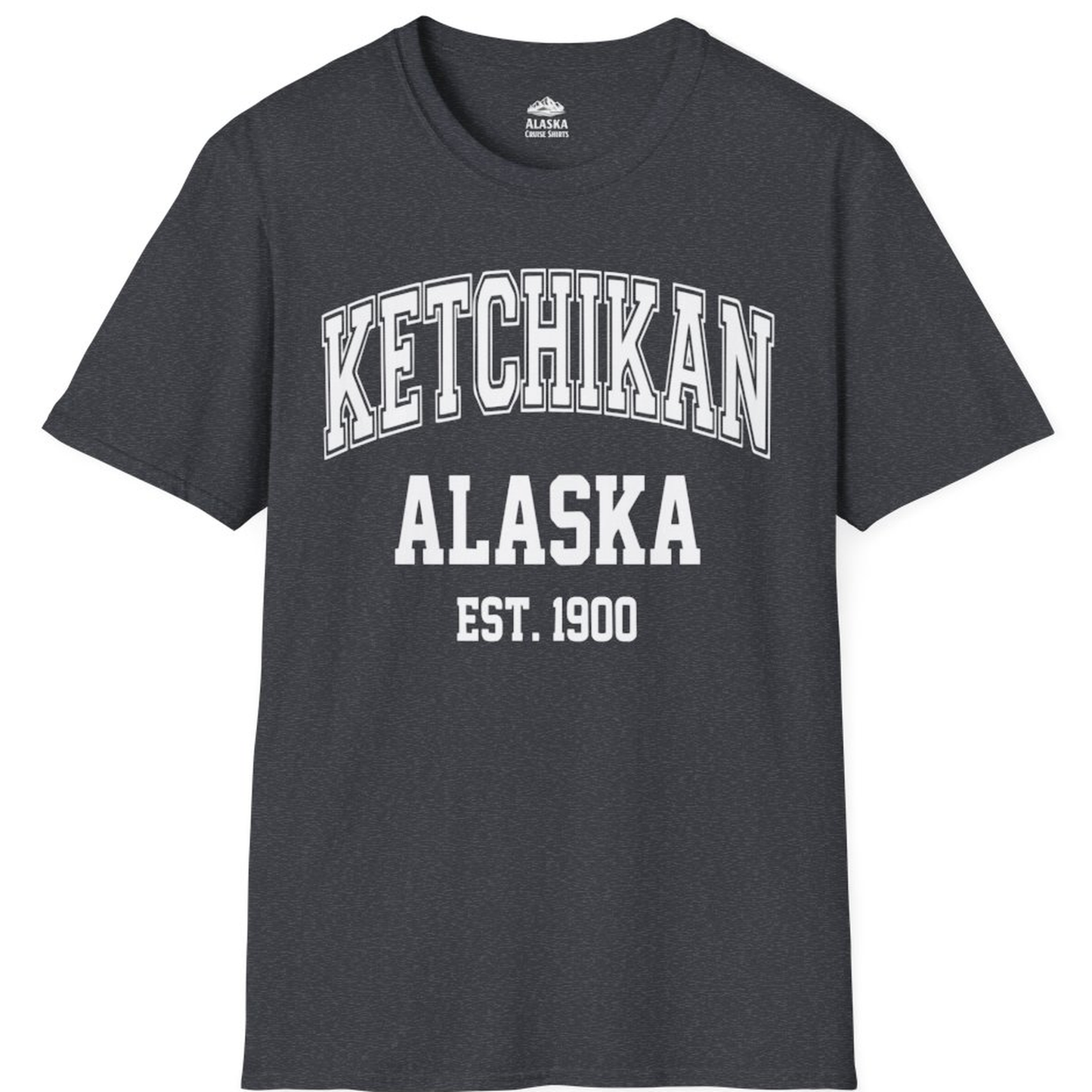 Ketchikan Alaska Collegiate Style Est 1900 Vintage Tee Shirt – Dark Heather Grey – Alaska Cruise Shirts