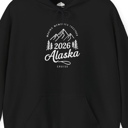 2026 Alaska Cruise Making Memories Shirt - Mountains and Pine Trees – Black – Alaska Cruise Shirts Close Up