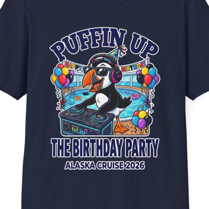 Funny Puffin DJ Birthday Party Alaska Cruise 2026 Shirt – Navy – Alaska Cruise Shirts Close Up