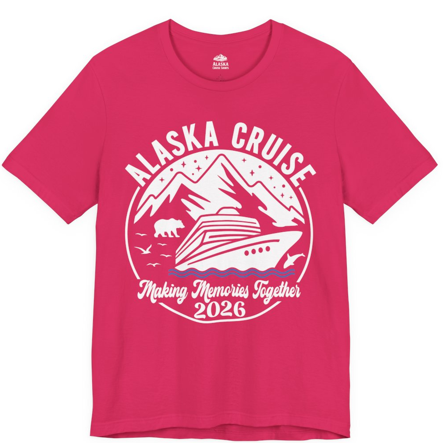 Alaska Cruise Adventure 2026 Shirt - Mountains Wildlife and Ship Retro – Fuchsia – Alaska Cruise Shirts