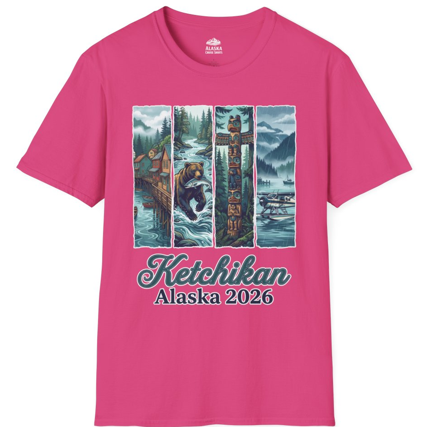 Ketchikan Alaska 2026 Scenic Nature and Totem Pole Art T-Shirt – Heliconia – Alaska Cruise Shirts