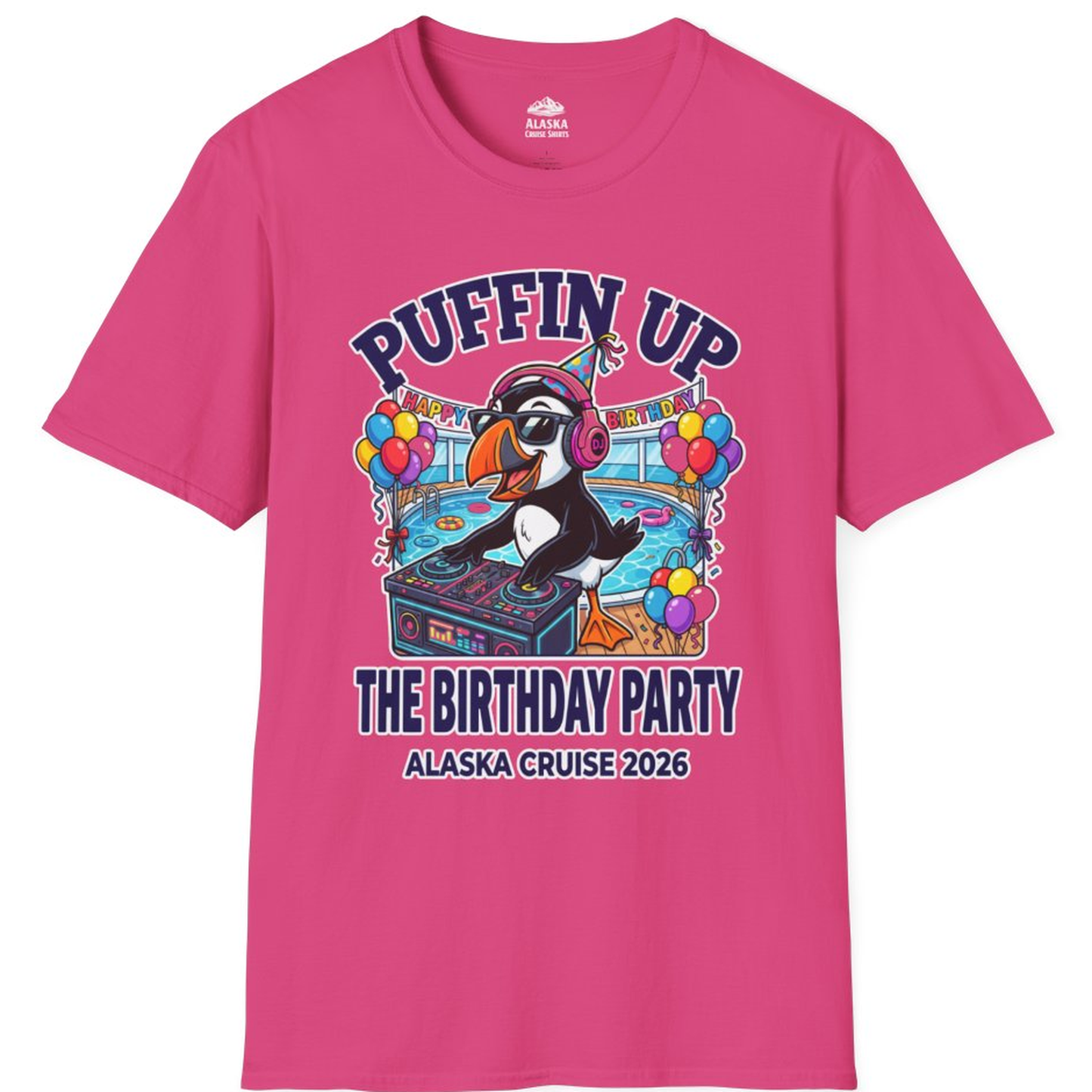 Funny Puffin DJ Birthday Party Alaska Cruise 2026 Shirt – Heliconia – Alaska Cruise Shirts