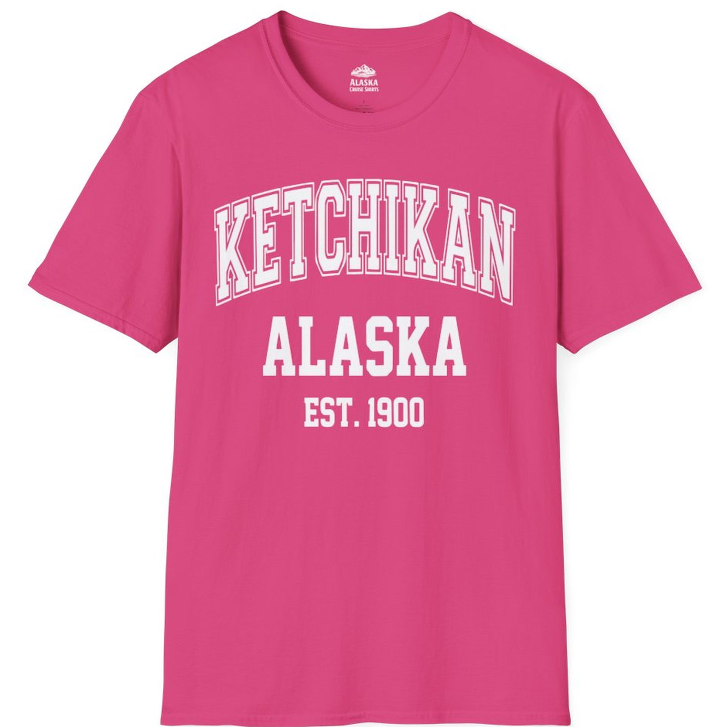 Ketchikan Alaska Collegiate Style Est 1900 Vintage Tee Shirt – Heliconia – Alaska Cruise Shirts