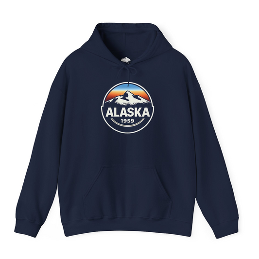 Alaska 1959 Retro Mountain Sunset Badge hoodie Vintage Statehood hoodie — Hoodie Hoodie – Alaska Cruise Shirts
