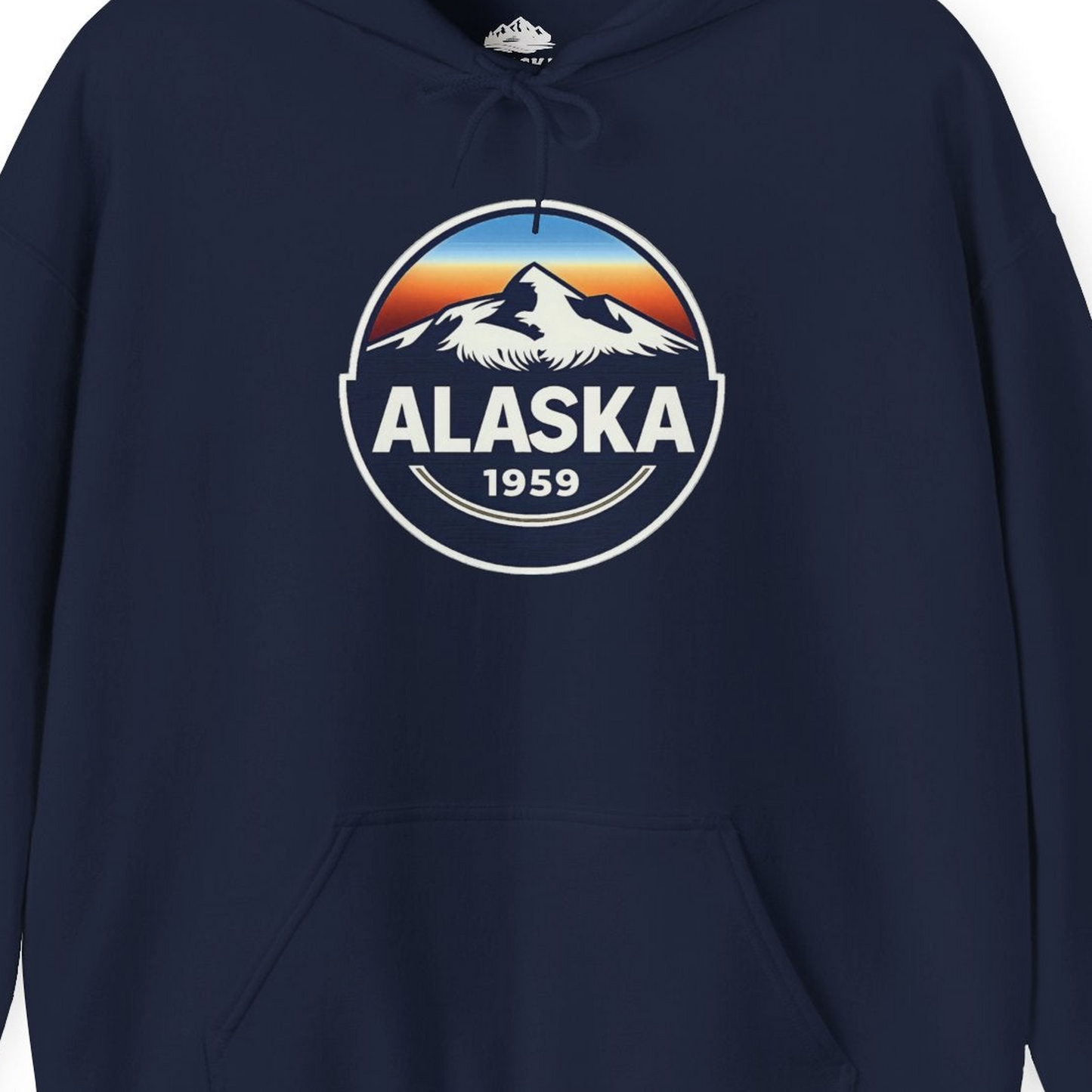 Alaska 1959 Retro Mountain Sunset Badge hoodie Vintage Statehood hoodie — Hoodie Hoodie – Alaska Cruise Shirts Close Up