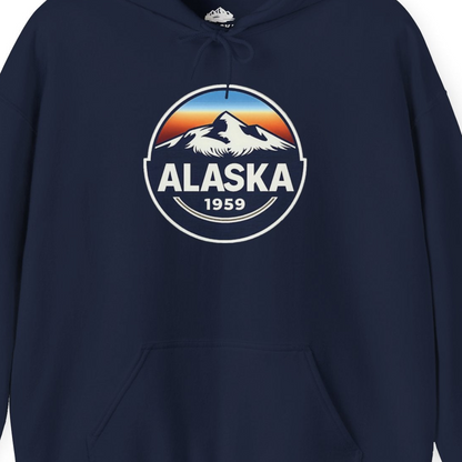 Alaska 1959 Retro Mountain Sunset Badge hoodie Vintage Statehood hoodie — Hoodie Hoodie – Alaska Cruise Shirts Close Up