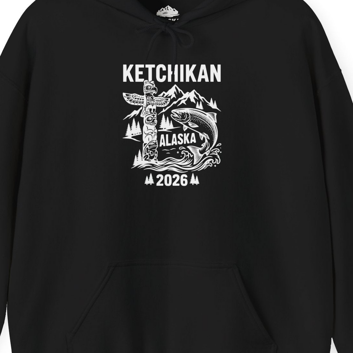 Ketchikan Alaska 2026 Totem Pole and Salmon Souvenir Shirt — Hoodie Hoodie – Alaska Cruise Shirts Close Up