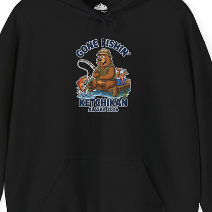 Gone Fishin Ketchikan Alaska 2026 Cartoon Bear Souvenir Shirt — Hoodie Hoodie – Alaska Cruise Shirts Close Up