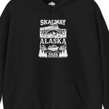Skagway Alaska Cruise 2026 Shirt with Train and Mountains — Hoodie Hoodie – Alaska Cruise Shirts Close Up
