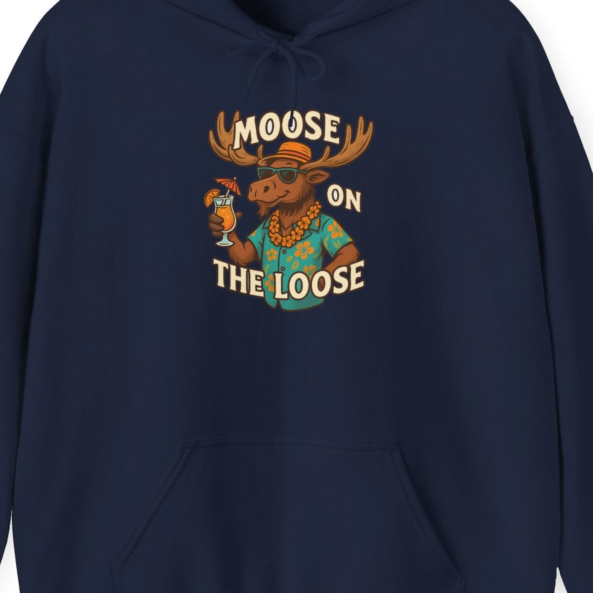 Moose On The Loose Funny Tropical Cartoon Vacation Shirt — Hoodie Hoodie – Alaska Cruise Shirts Close Up