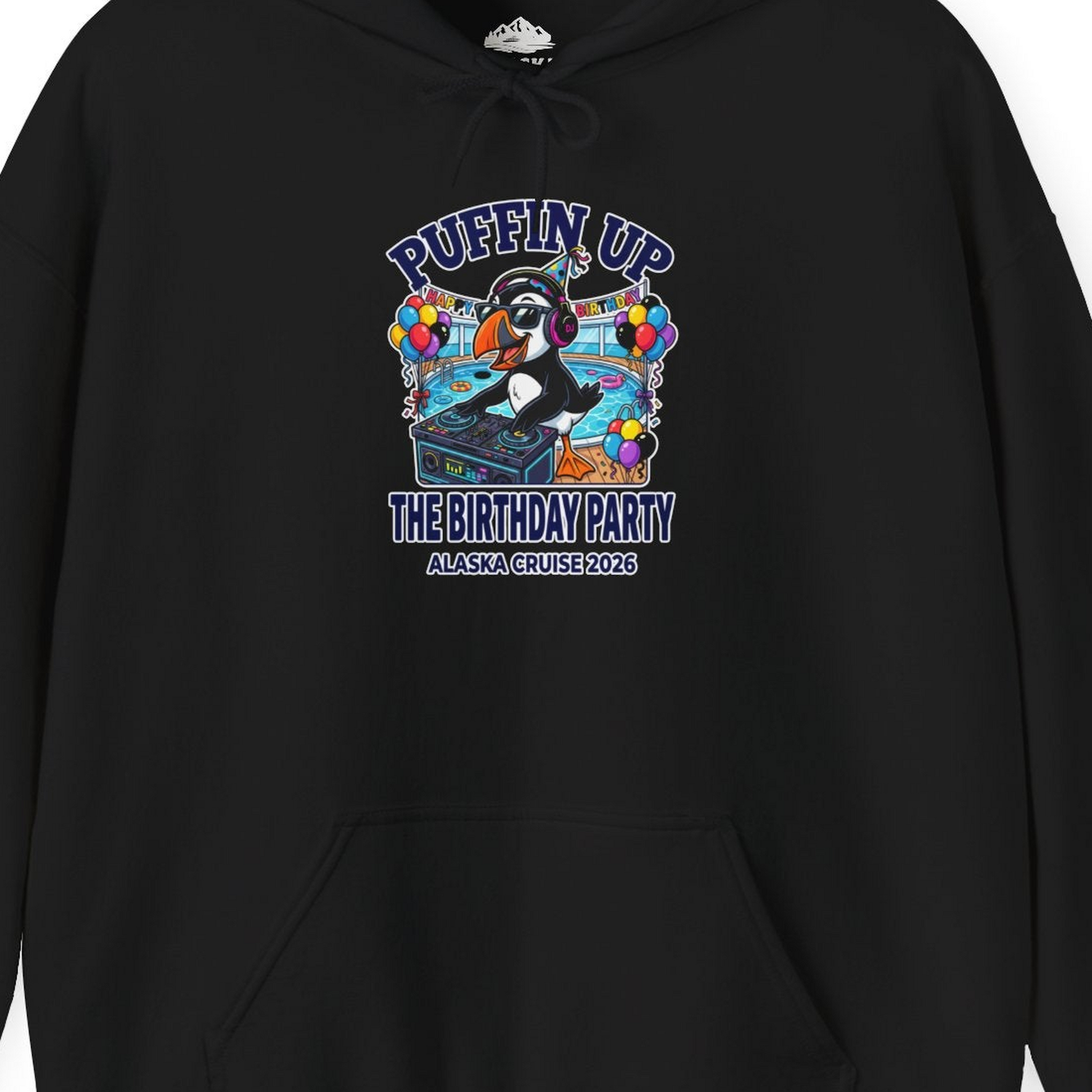 Funny Puffin DJ Birthday Party Alaska Cruise 2026 Shirt — Hoodie Hoodie – Alaska Cruise Shirts Close Up