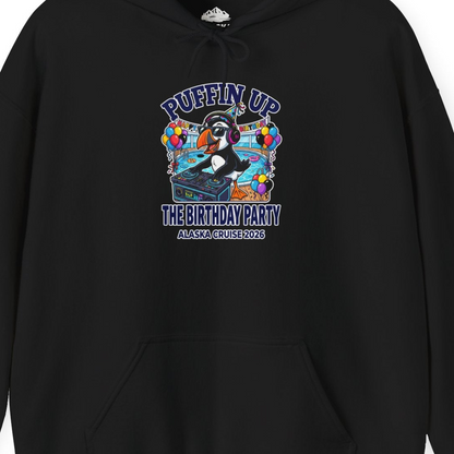 Funny Puffin DJ Birthday Party Alaska Cruise 2026 Shirt — Hoodie Hoodie – Alaska Cruise Shirts Close Up