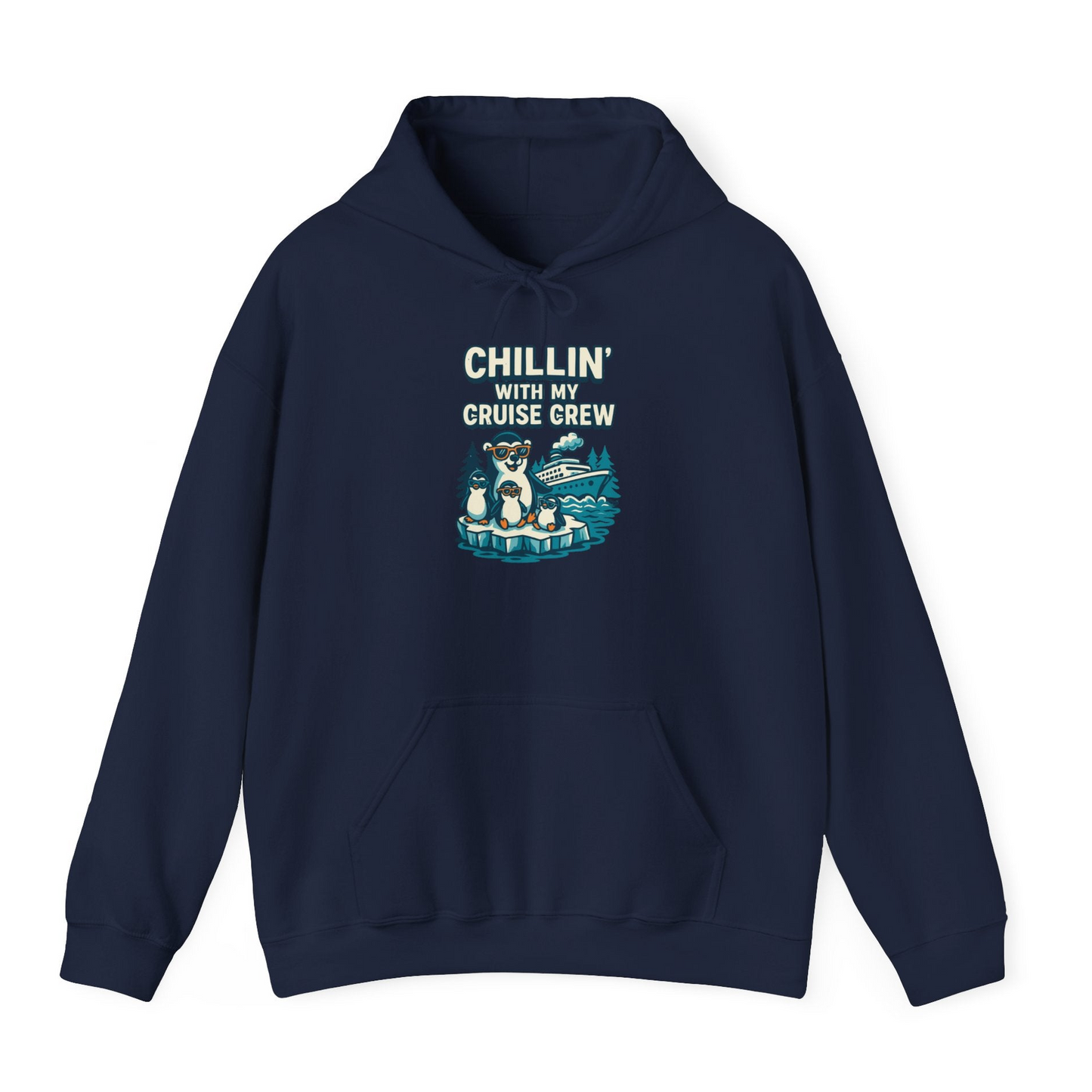 Chillin With My Cruise Crew Cute Penguins Alaska Cartoon Shirt — Hoodie Hoodie – Navy – Alaska Cruise Shirts