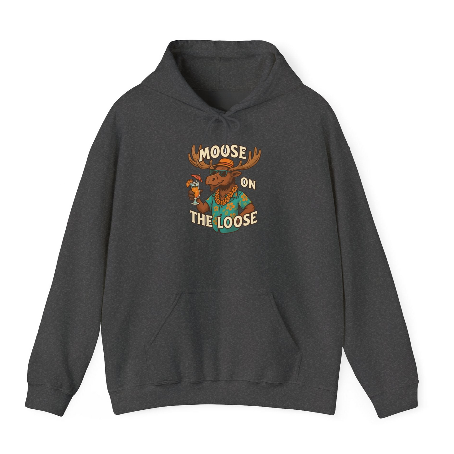 Moose On The Loose Funny Tropical Cartoon Vacation Shirt — Hoodie Hoodie – Dark Heather – Alaska Cruise Shirts