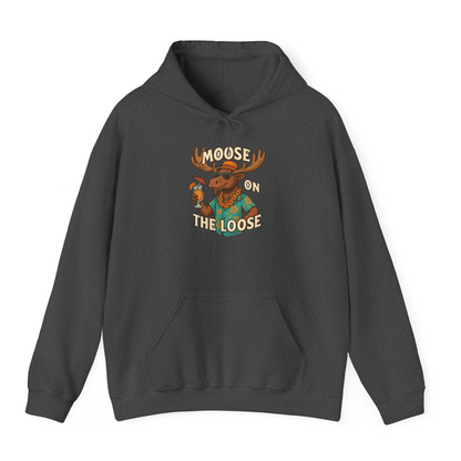 Moose On The Loose Funny Tropical Cartoon Vacation Shirt — Hoodie Hoodie – Dark Heather – Alaska Cruise Shirts