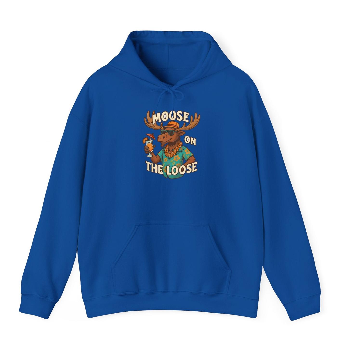 Moose On The Loose Funny Tropical Cartoon Vacation Shirt — Hoodie Hoodie – Royal – Alaska Cruise Shirts