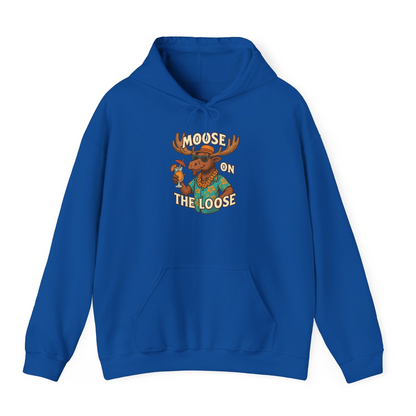 Moose On The Loose Funny Tropical Cartoon Vacation Shirt — Hoodie Hoodie – Royal – Alaska Cruise Shirts