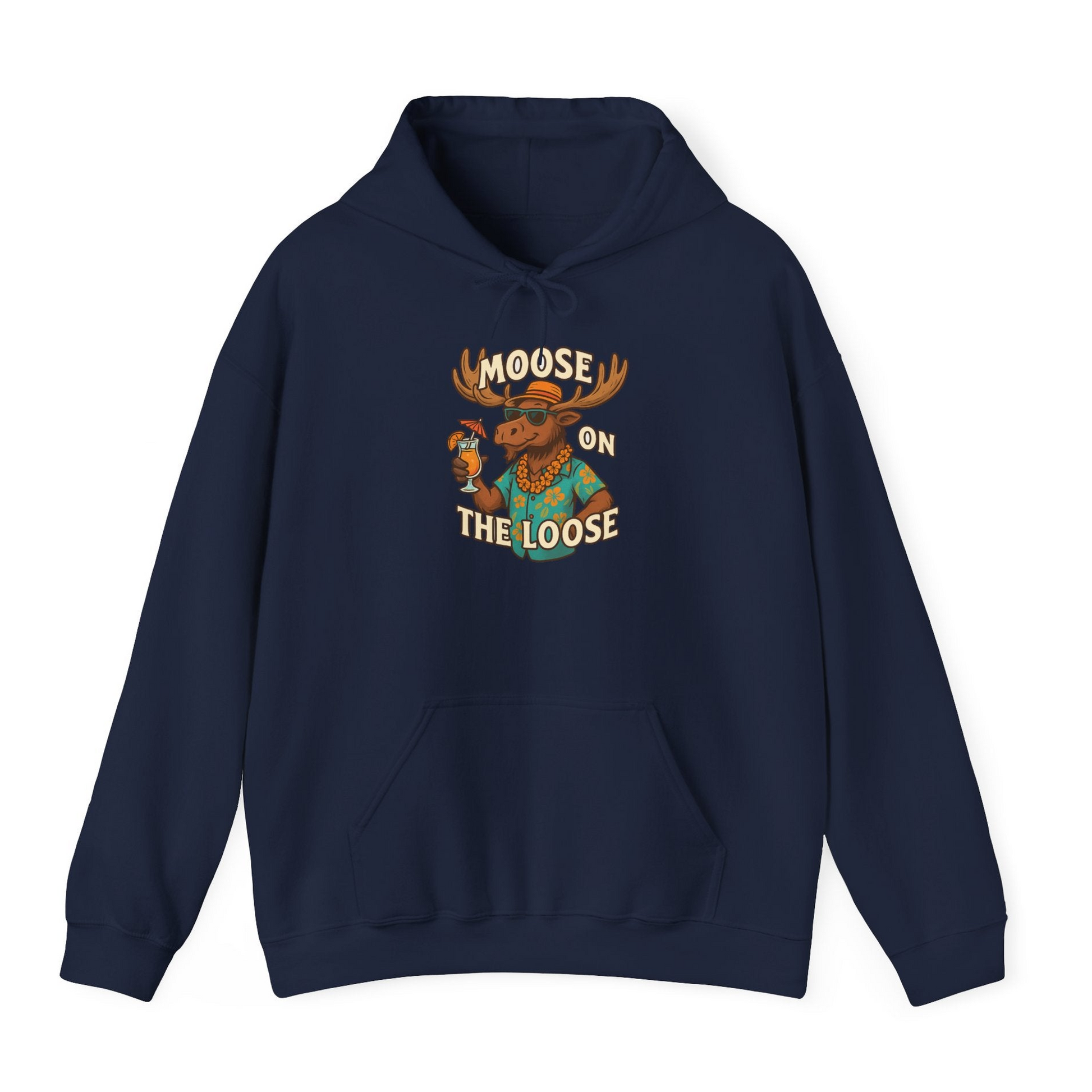 Moose On The Loose Funny Tropical Cartoon Vacation Shirt — Hoodie Hoodie – Navy – Alaska Cruise Shirts