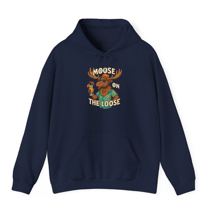 Moose On The Loose Funny Tropical Cartoon Vacation Shirt — Hoodie Hoodie – Navy – Alaska Cruise Shirts