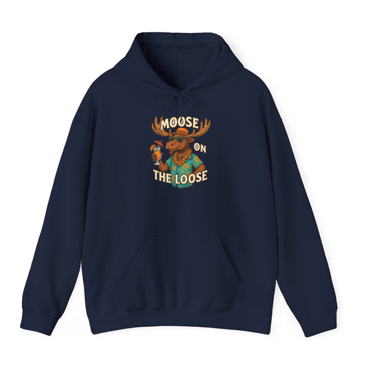 Moose On The Loose Funny Tropical Cartoon Vacation Shirt — Hoodie Hoodie – Navy – Alaska Cruise Shirts