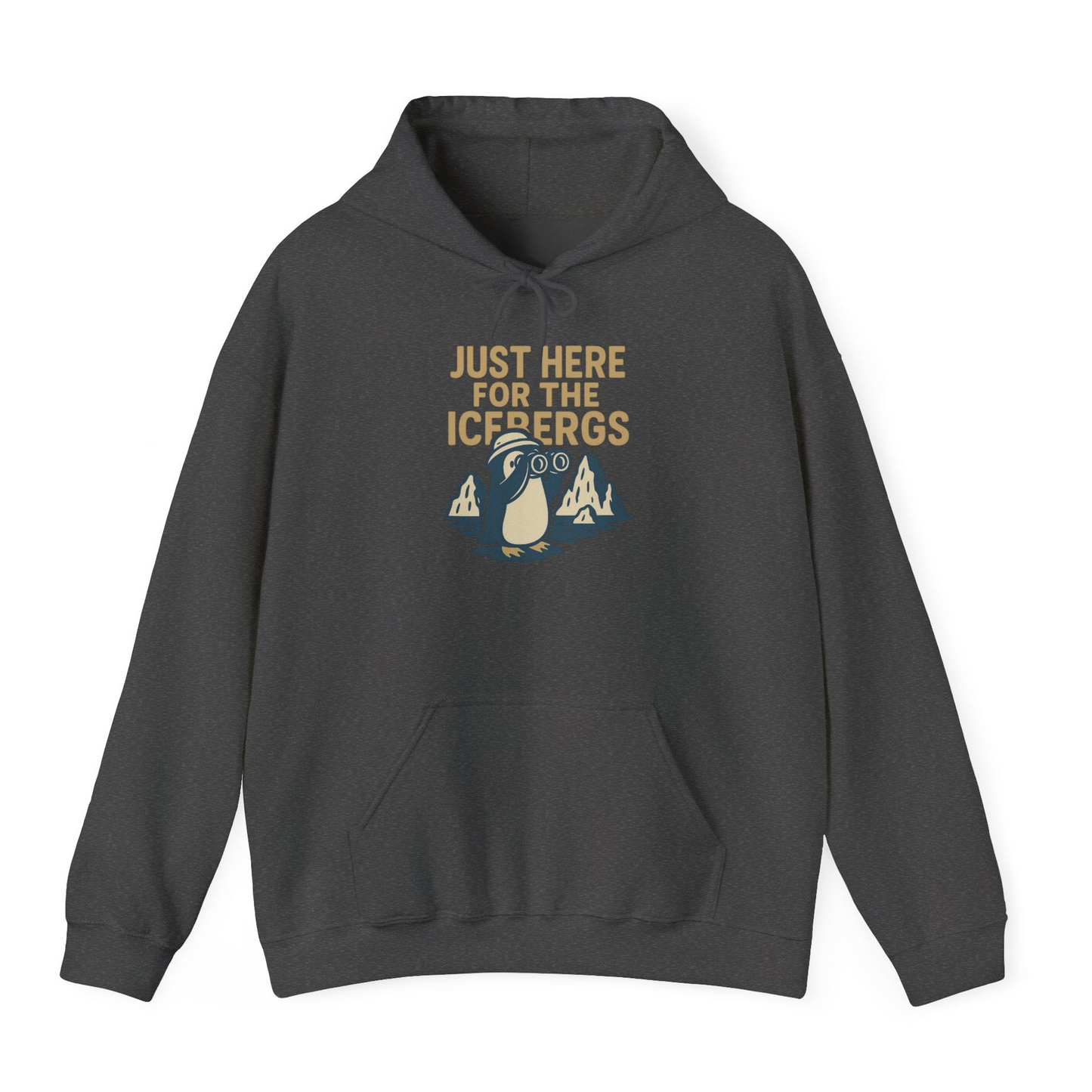 Just Here For The Icebergs Penguin Shirt Hoodie – Dark Heather – Alaska Cruise Shirts