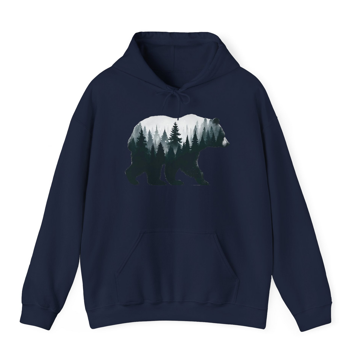 Double Exposure Bear Forest Silhouette Wilderness Shirt for Nature Lovers — Hoodie Hoodie – Navy – Alaska Cruise Shirts
