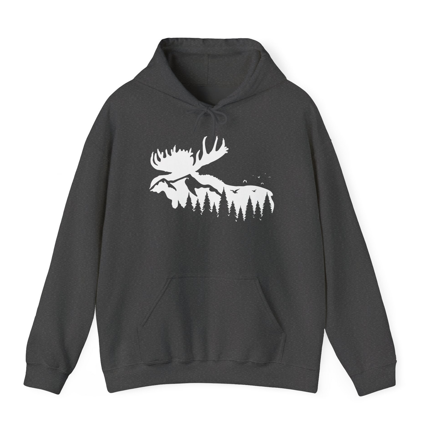 Moose Silhouette Forest Scene Shirt Hoodie – Dark Heather – Alaska Cruise Shirts