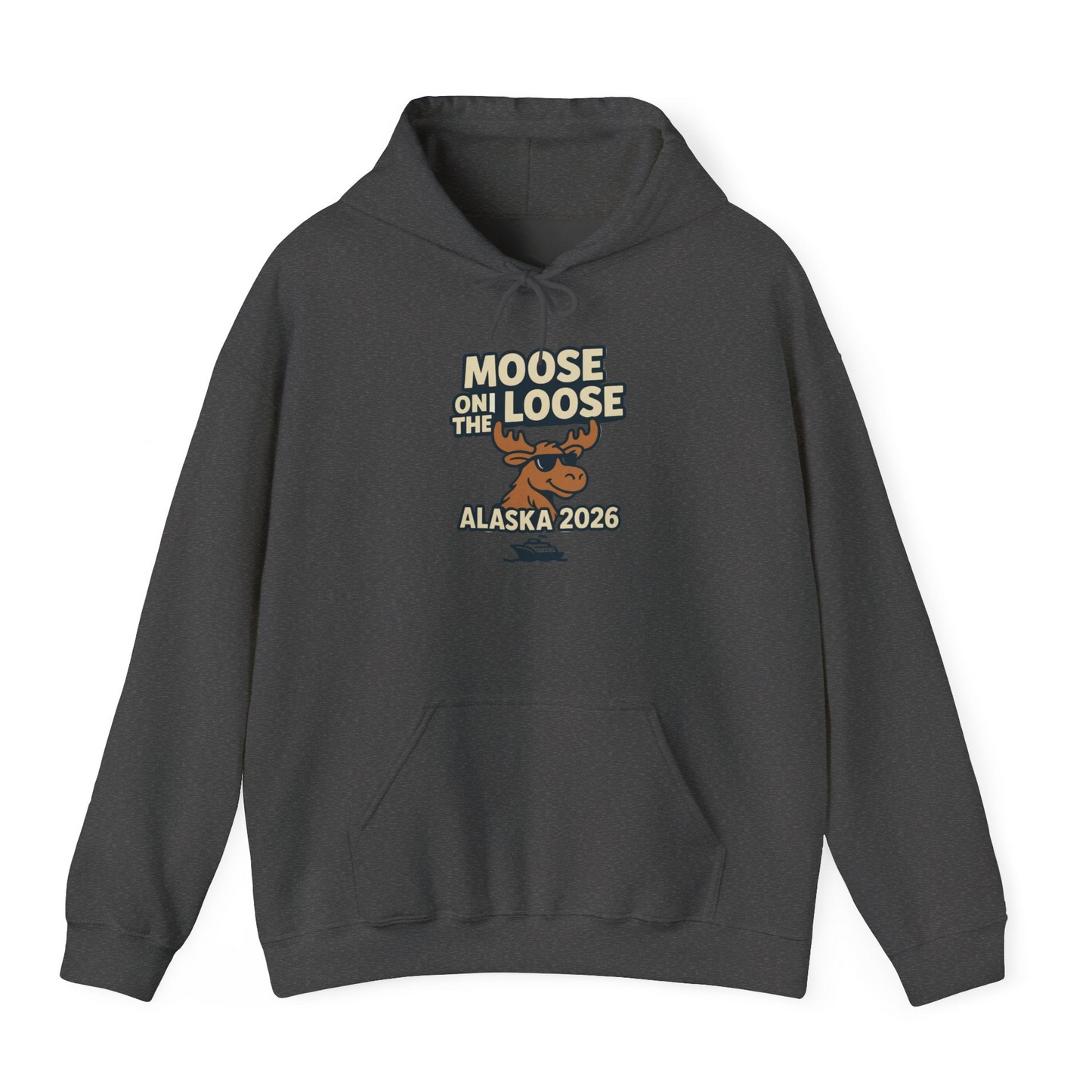 Moose on the Loose Alaska 2026 Cruise Cartoon Funny Shirt — Hoodie Hoodie – Dark Heather – Alaska Cruise Shirts