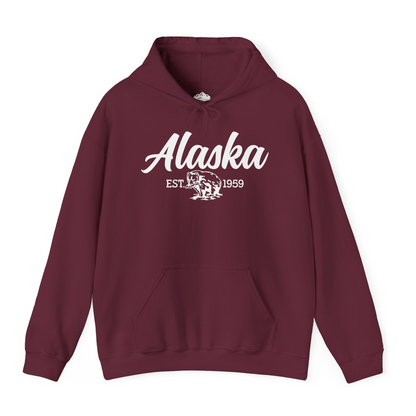 Alaska Bear Est 1959 Vintage Wildlife Graphic Monochrome Shirt — Hoodie Hoodie – Maroon – Alaska Cruise Shirts