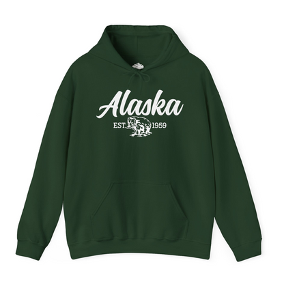 Alaska Bear Est 1959 Vintage Wildlife Graphic Monochrome Shirt — Hoodie Hoodie – Forest Green – Alaska Cruise Shirts