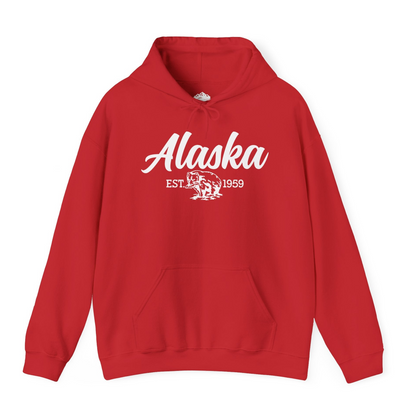 Alaska Bear Est 1959 Vintage Wildlife Graphic Monochrome Shirt — Hoodie Hoodie – Red – Alaska Cruise Shirts