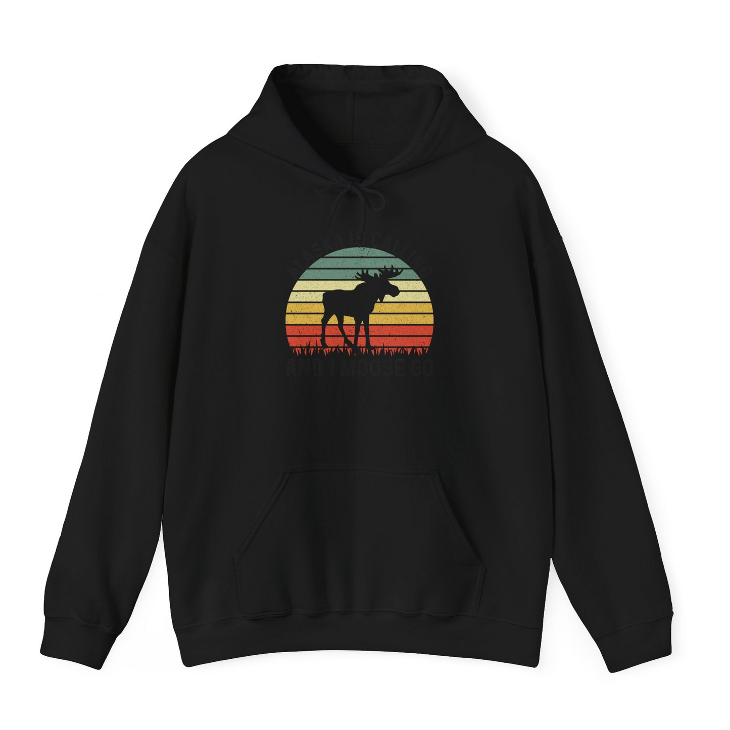 Alaska Is Calling And I Moose Go Retro Sunset Moose Graphic Shirt — Hoodie Hoodie – Black – Alaska Cruise Shirts