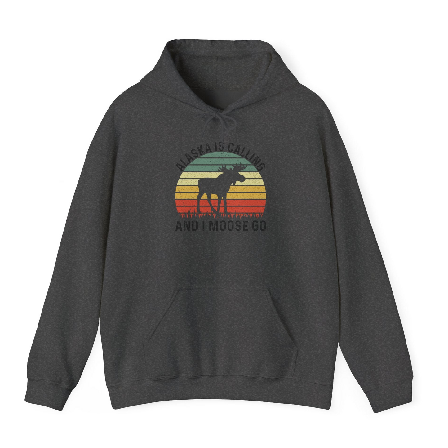 Alaska Is Calling And I Moose Go Retro Sunset Moose Graphic Shirt — Hoodie Hoodie – Dark Heather – Alaska Cruise Shirts