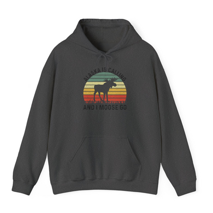 Alaska Is Calling And I Moose Go Retro Sunset Moose Graphic Shirt — Hoodie Hoodie – Dark Heather – Alaska Cruise Shirts