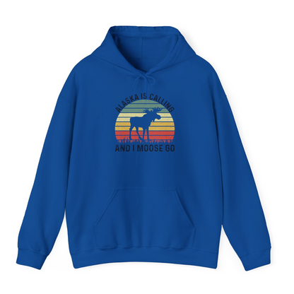 Alaska Is Calling And I Moose Go Retro Sunset Moose Graphic Shirt — Hoodie Hoodie – Royal – Alaska Cruise Shirts