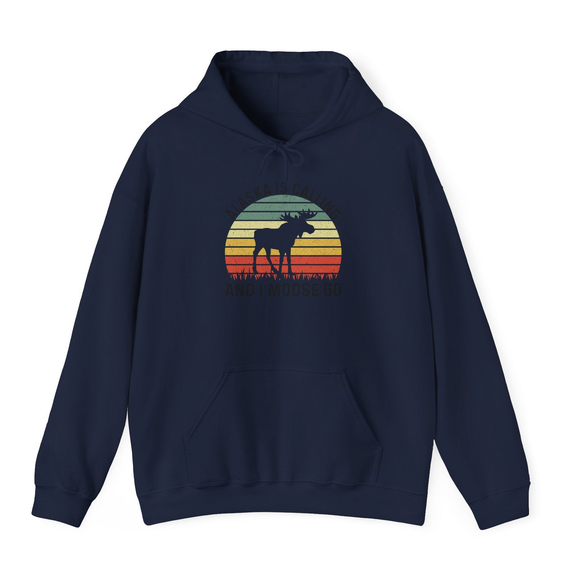 Alaska Is Calling And I Moose Go Retro Sunset Moose Graphic Shirt — Hoodie Hoodie – Navy – Alaska Cruise Shirts