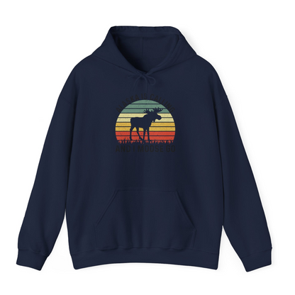 Alaska Is Calling And I Moose Go Retro Sunset Moose Graphic Shirt — Hoodie Hoodie – Navy – Alaska Cruise Shirts