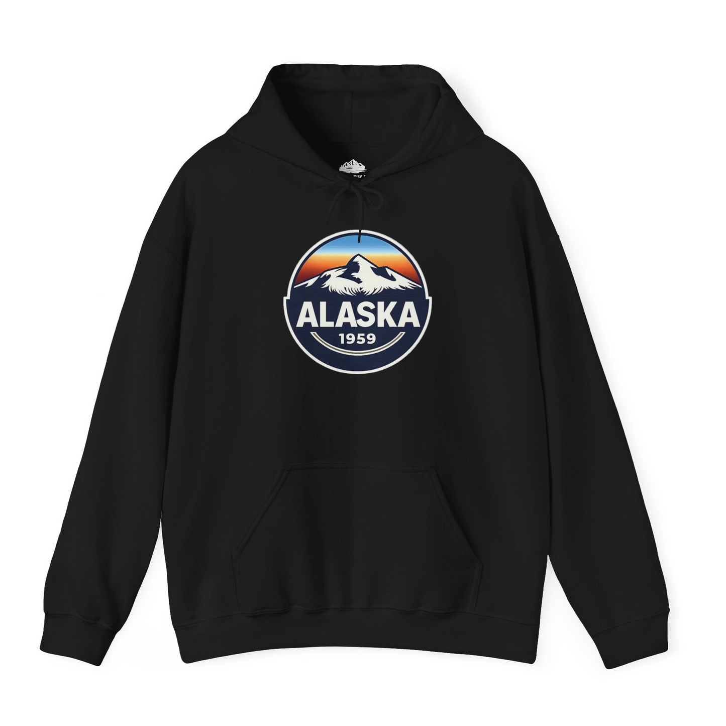 Alaska 1959 Retro Mountain Sunset Badge hoodie Vintage Statehood hoodie — Hoodie Hoodie – Black – Alaska Cruise Shirts