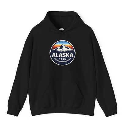 Alaska 1959 Retro Mountain Sunset Badge hoodie Vintage Statehood hoodie — Hoodie Hoodie – Black – Alaska Cruise Shirts