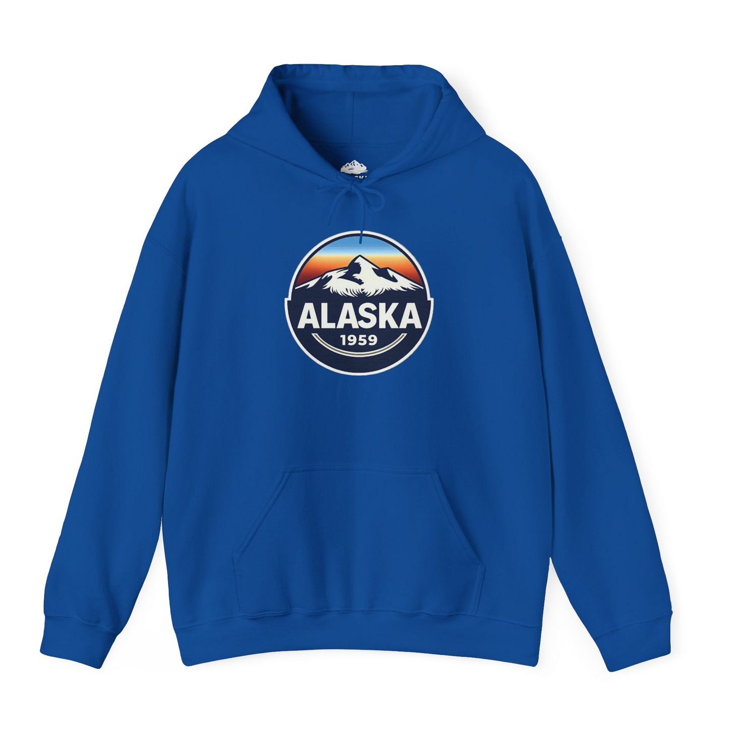 Alaska 1959 Retro Mountain Sunset Badge hoodie Vintage Statehood hoodie — Hoodie Hoodie – Royal – Alaska Cruise Shirts