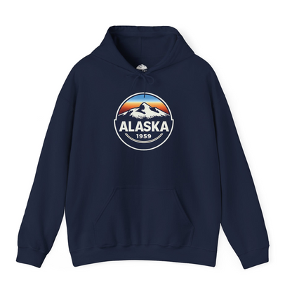 Alaska 1959 Retro Mountain Sunset Badge hoodie Vintage Statehood hoodie — Hoodie Hoodie – Navy – Alaska Cruise Shirts