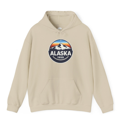 Alaska 1959 Retro Mountain Sunset Badge hoodie Vintage Statehood hoodie — Hoodie Hoodie – Sand – Alaska Cruise Shirts